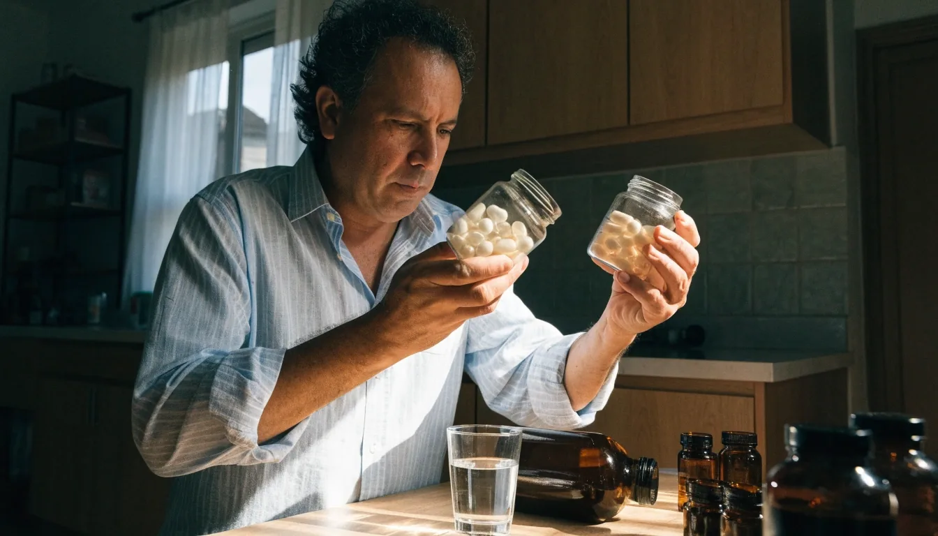 Hombre comparando frascos de multivitamínico sobre la mesa de su cocina