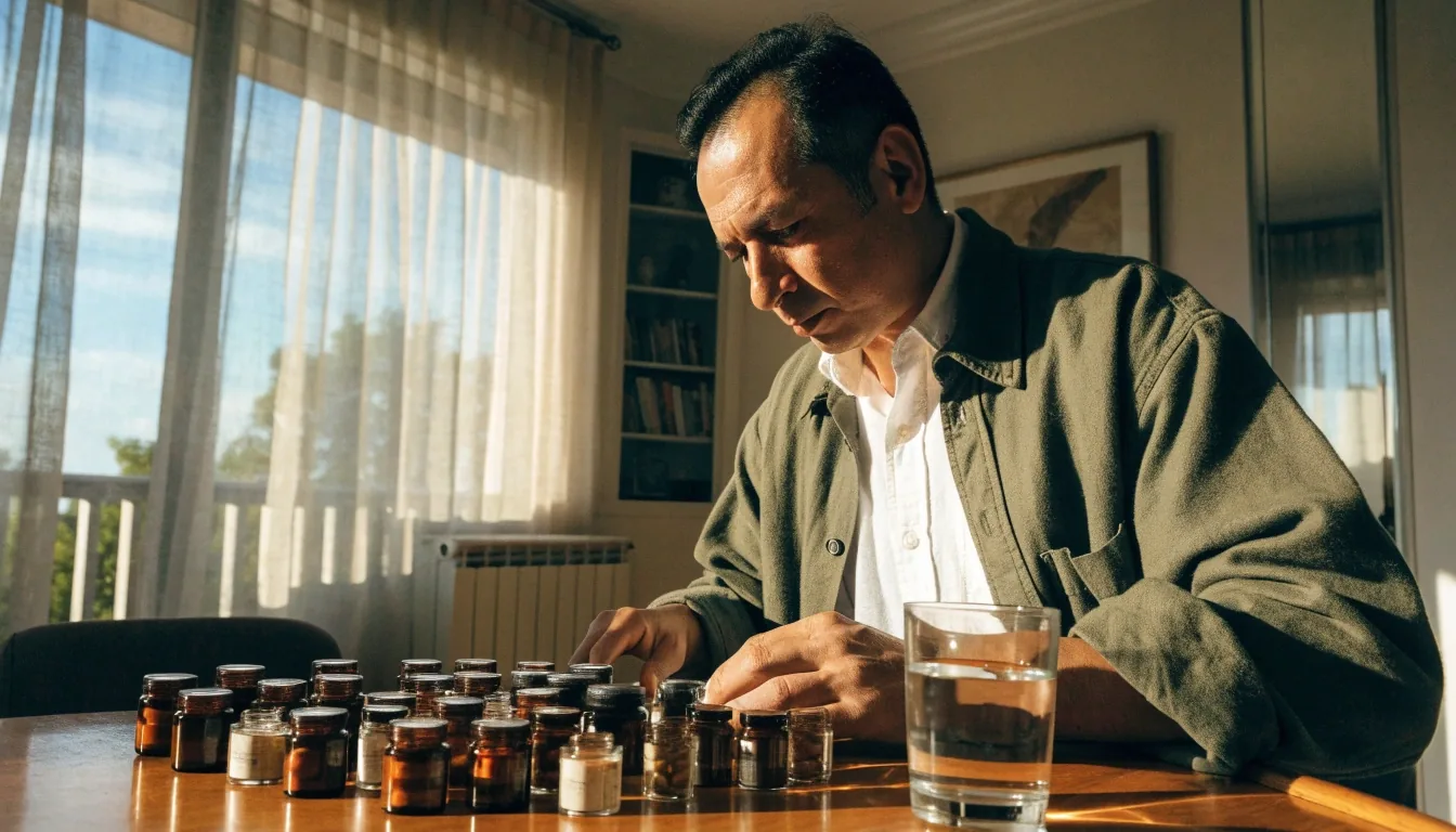 Hombre escogiendo envases de vitaminas para hombres sobre una mesa de madera en un apartamento con luz de mañana