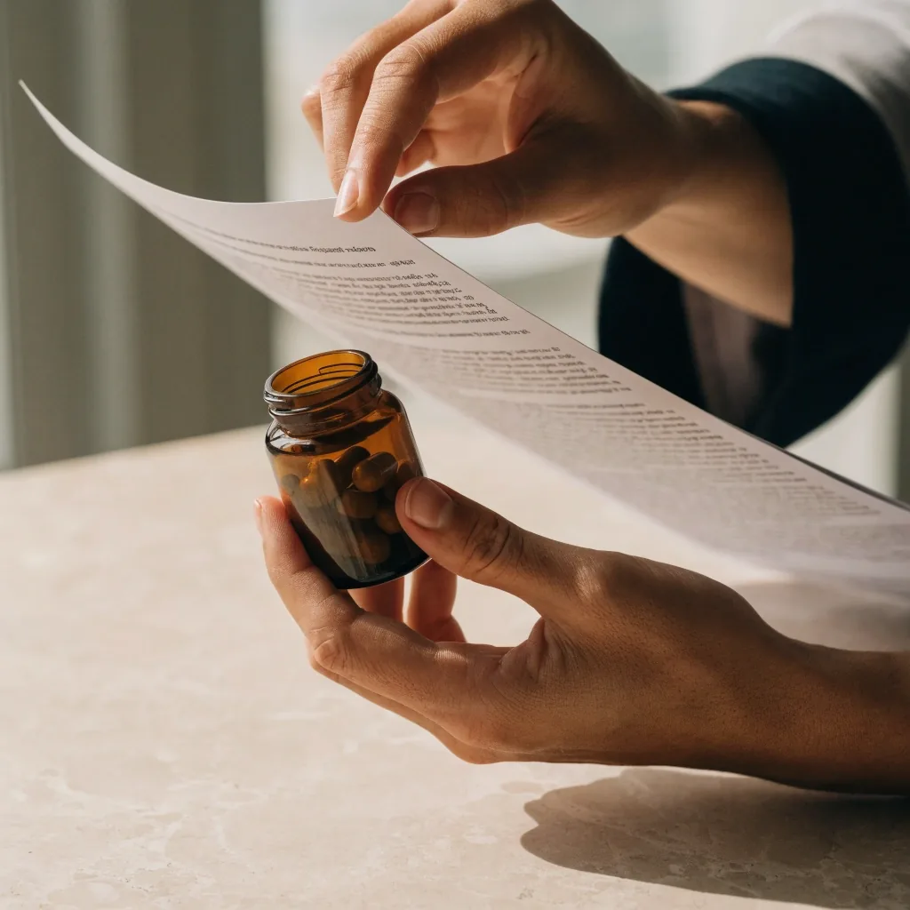 Manos comparando un frasco de vitaminas y el borde de una guía de etiquetas de suplementos sobre una superficie clara