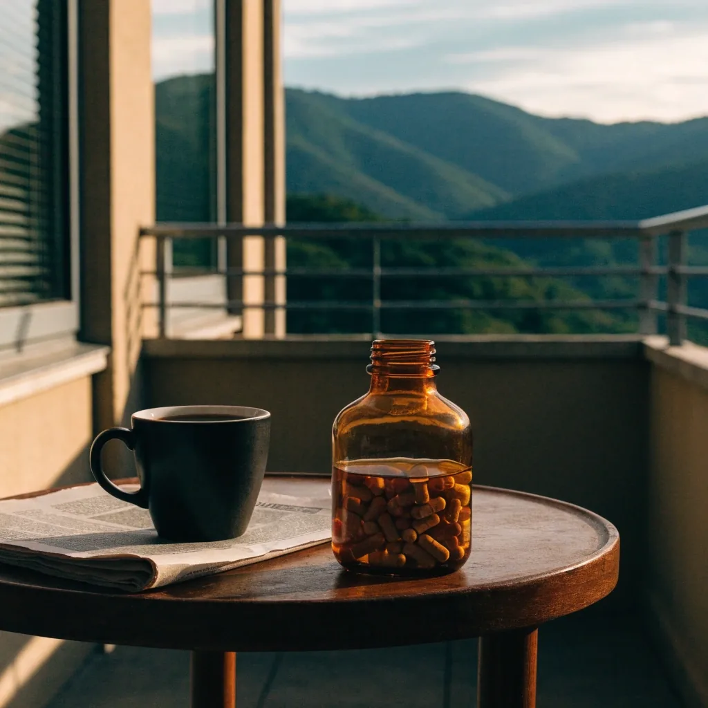 Balcón en Medellín al atardecer con taza, prensa y un frasco de multivitamínico masculino sobre una mesa pequeña