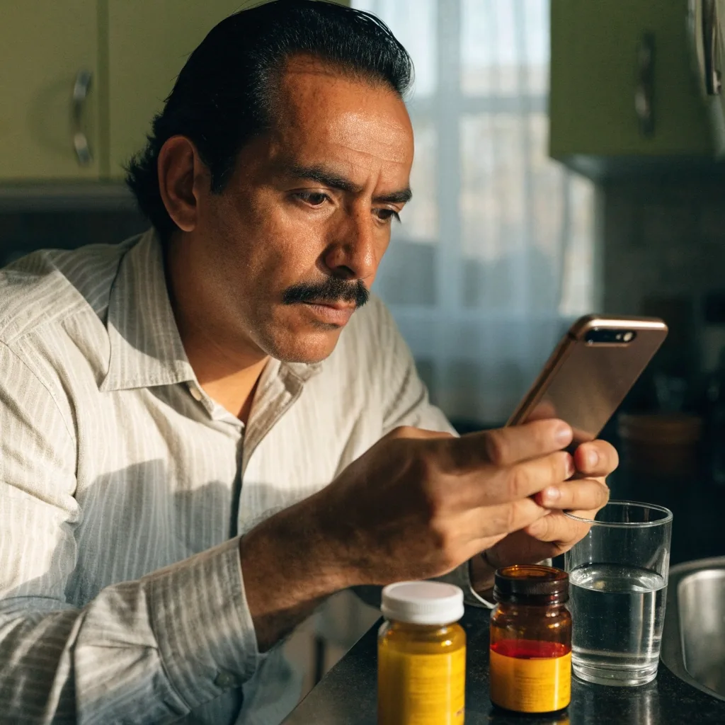 Manos sosteniendo un teléfono inclinado sobre la mesa de una cocina en Medellín, junto a frascos de suplementos