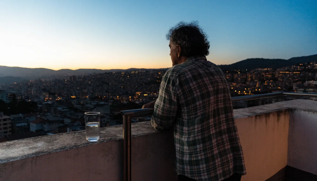 Hombre de mediana edad al atardecer en una terraza de Medellín, con las luces de la ciudad al fondo