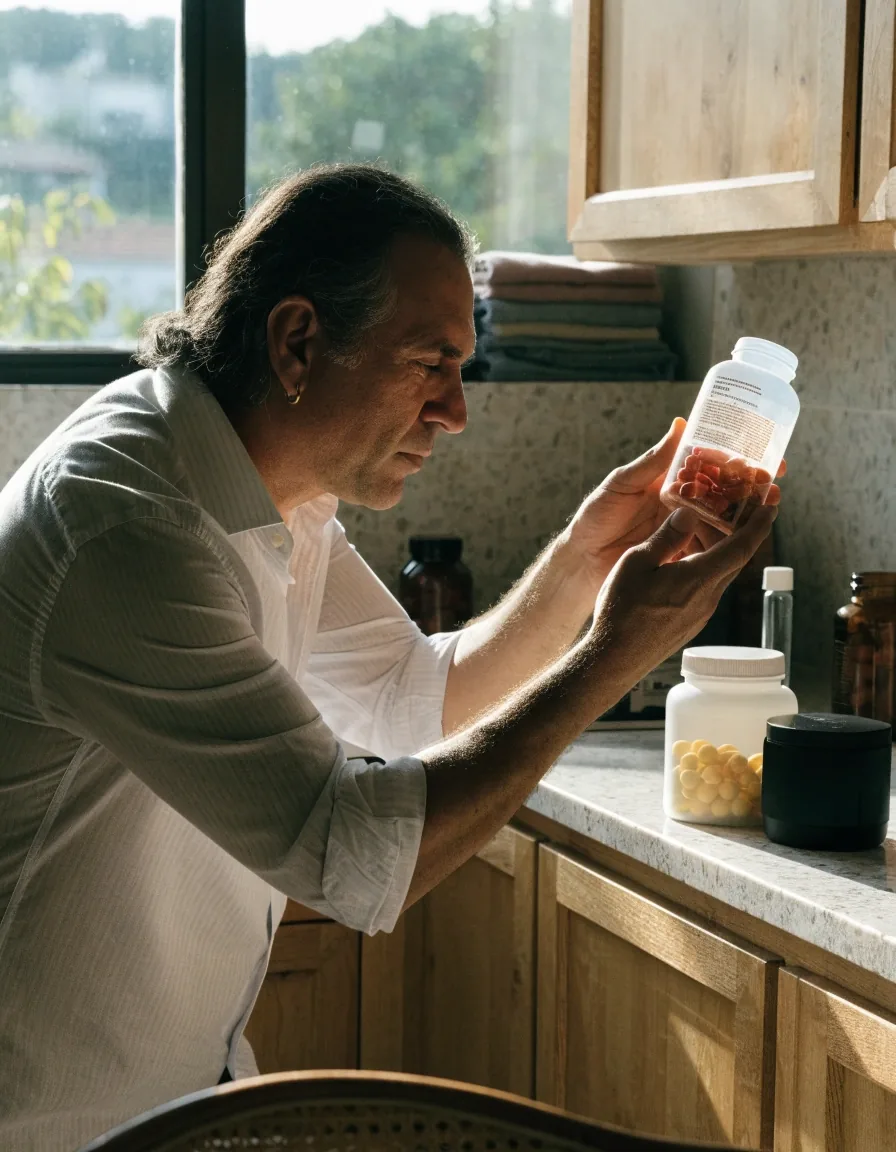 Hombre en su cocina leyendo la tabla de ingredientes de un frasco de multivitamínico masculino sobre la mesa