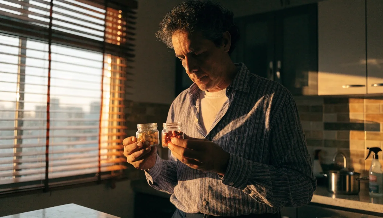 Dos frascos de vitaminas masculinas separados sobre una mesa de cocina al amanecer