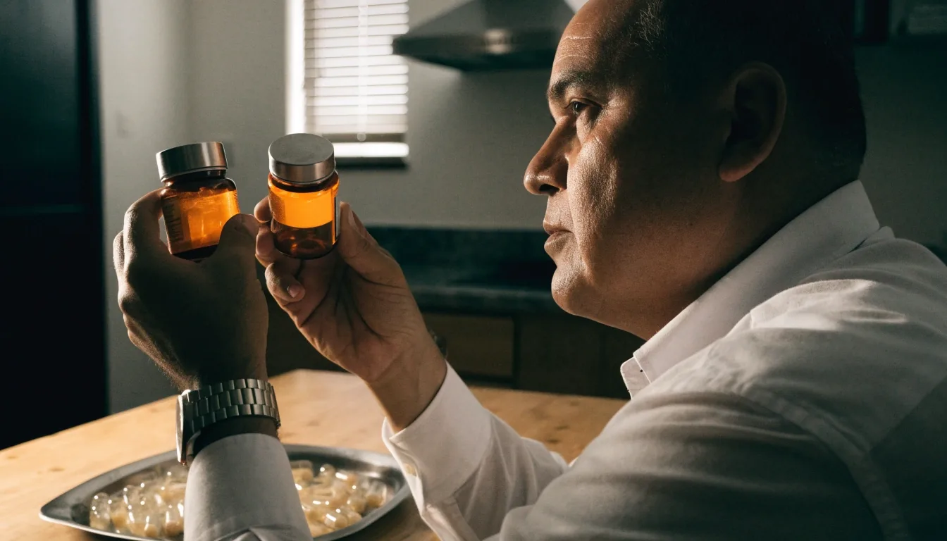 Hombre comparando dos frascos de multivitamínico masculino en una cocina iluminada por la mañana