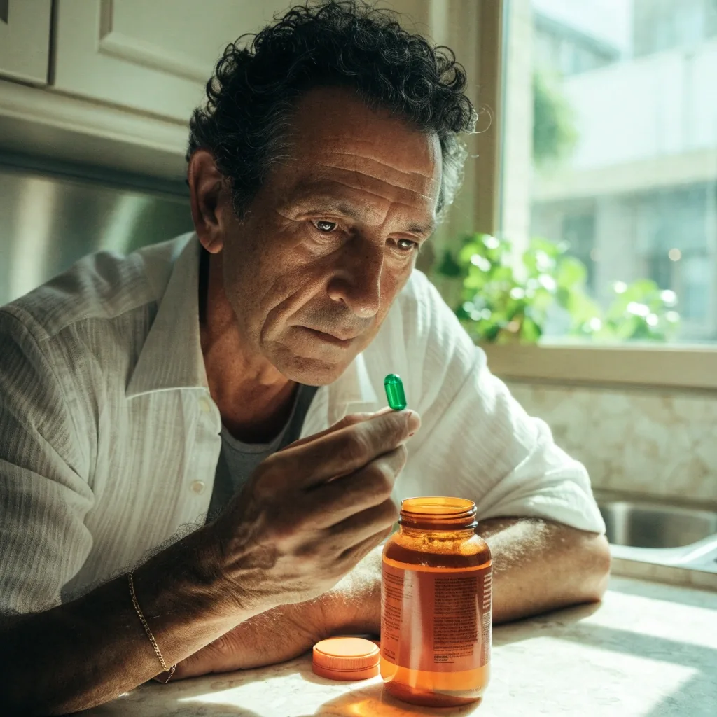 Manos sosteniendo una cápsula vegetal junto a un frasco ámbar de vitaminas sobre una encimera