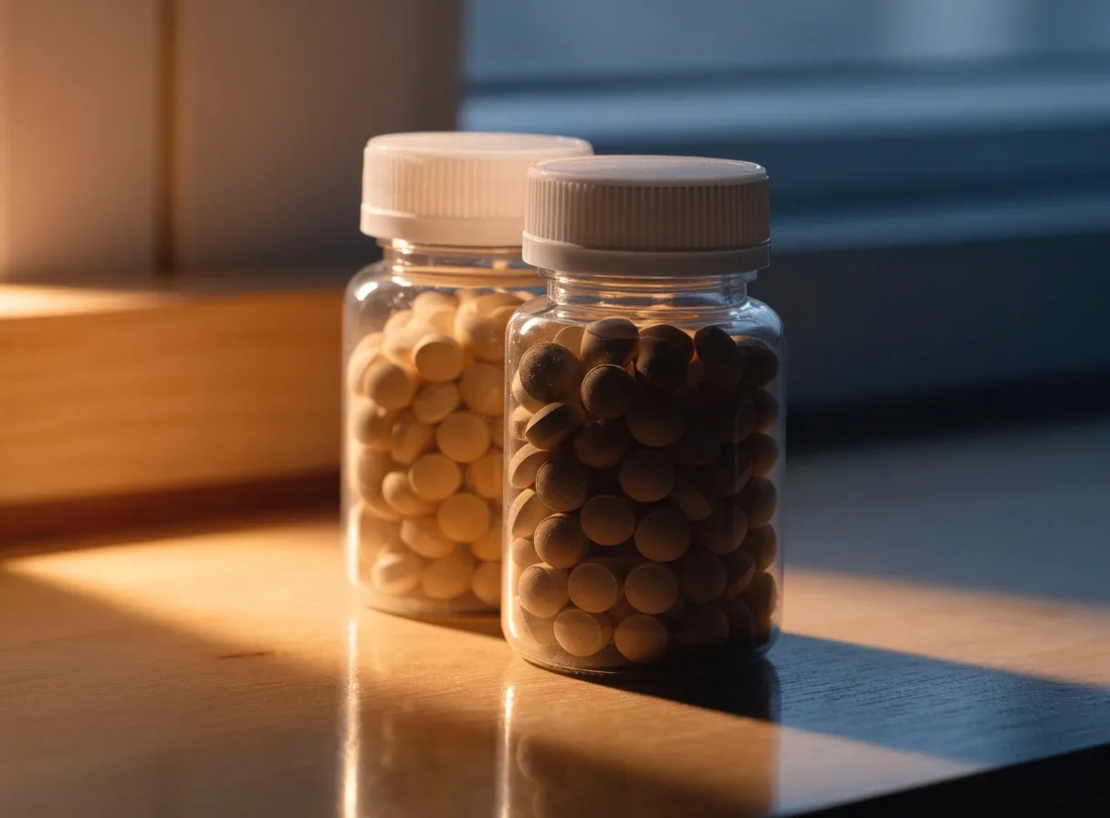 Dos frascos de multivitamínico masculino sobre una encimera de madera al atardecer